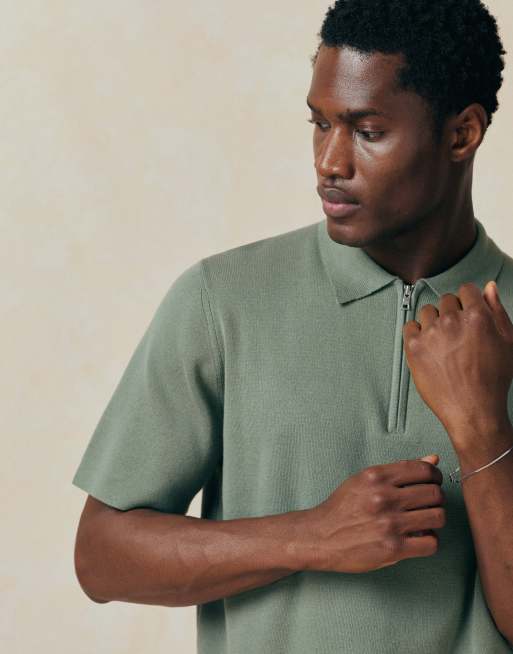 ASOS DESIGN - Essential - Gebreide polo van katoenmix met rits in donker saliegroen, 2 van 5