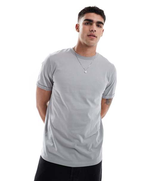 ASOS DESIGN – Essential – Grå t-shirt med rund halsringning och uppvikt ärm - view 1