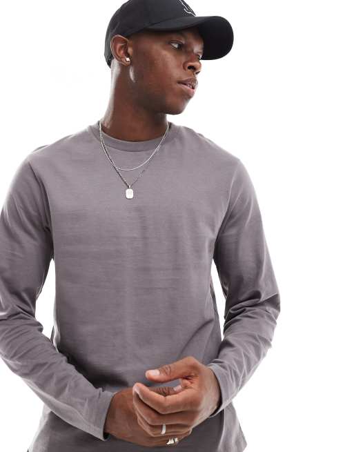 ASOS DESIGN Essential – Grafitowy T-shirt z okrągłym dekoltem i długimi rękawami
