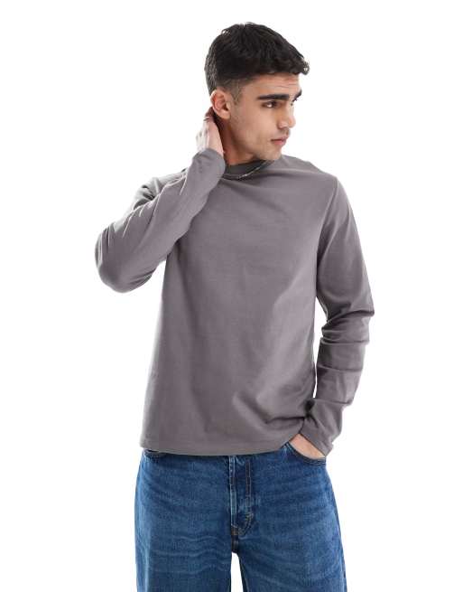 ASOS DESIGN Essential – Grafitowy T-shirt z okrągłym dekoltem i długimi rękawami
