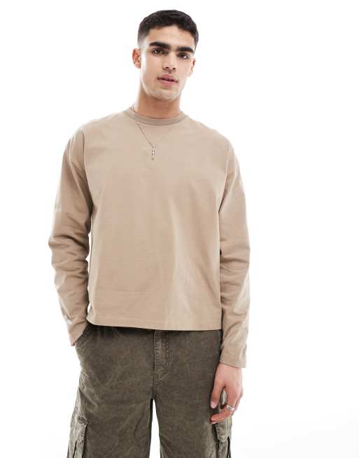 ASOS DESIGN – Essential – Gruby beżowy T-shirt oversize o pudełkowym kroju z długim rękawem o gramaturze 240 g/m²