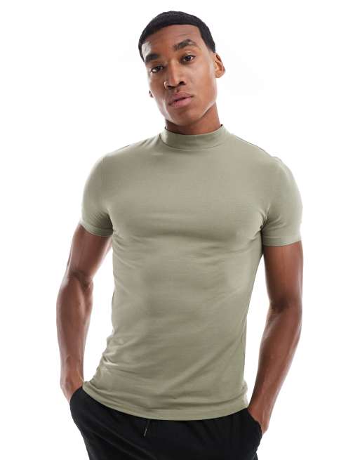 ASOS DESIGN Essential Hautenges T Shirt in Khaki mit hohem Ausschnitt ASOS