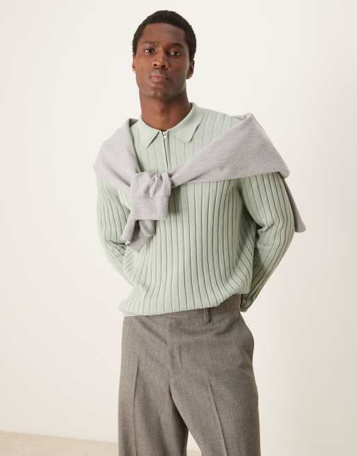 ASOS DESIGN Essential – Jasnozielony sweter polo z prążkowanej dzianiny z suwakiem pod szyją