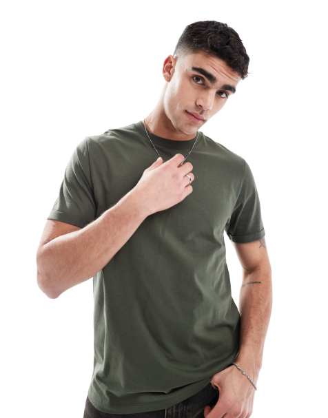 ASOS DESIGN – Essential – Khakifärgad t-shirt med rund halsringning och uppvikt ärm - view 1