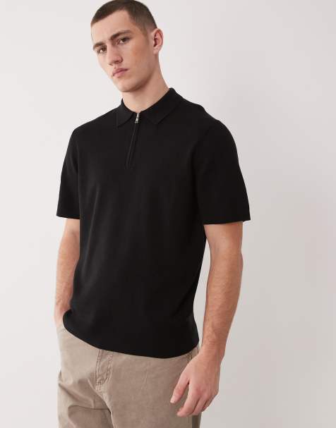 ASOS DESIGN Essential knit cotton blend zip polo in black  - view 1