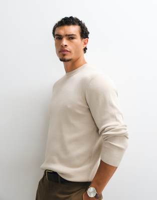 Asos Design Essential Knit Lightweight Crew Neck Sweater In Neutral