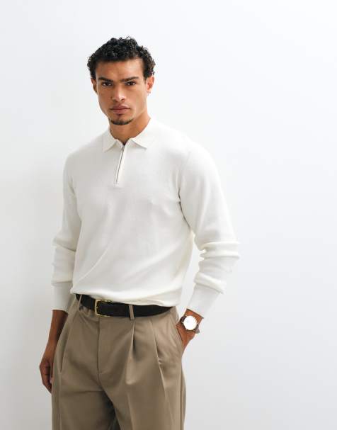 ASOS DESIGN Essential knit lightweight quarter zip polo shirt in ecru - view 1
