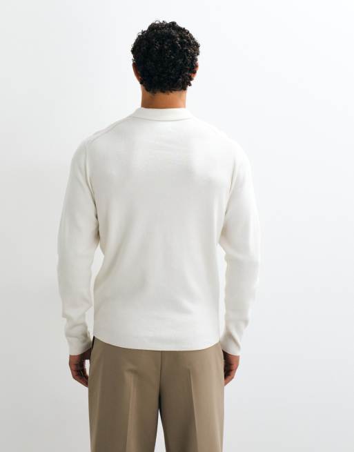 ASOS DESIGN Essential knit lightweight quarter zip polo shirt in ecru, 5 of 5