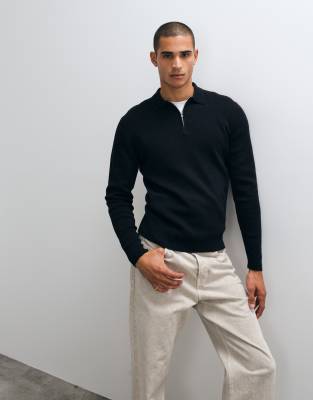 Asos Design Essential Knit Lightweight Zip Polo In Black