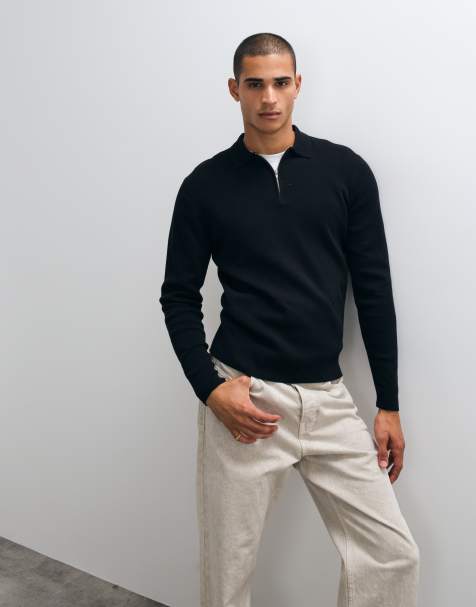ASOS DESIGN Essential knit lightweight zip polo in black - view 1