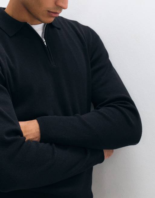ASOS DESIGN Essential knit lightweight zip polo in black, 3 of 5
