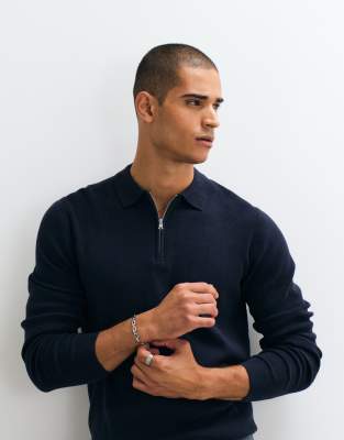 Asos Design Essential Knit Lightweight Zip Polo In Blue