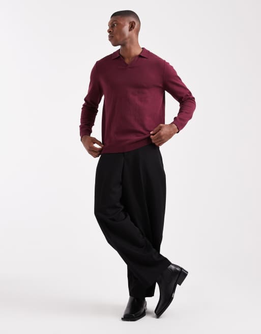 ASOS DESIGN essential knit long sleeve notch neck polo shirt in burgundy
