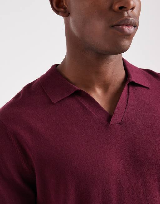 ASOS DESIGN essential knit long sleeve notch neck polo shirt in burgundy