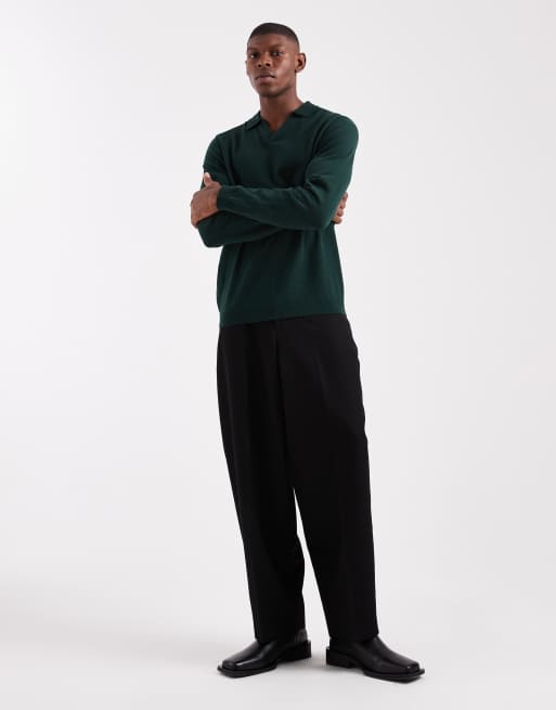 ASOS DESIGN essential knit long sleeve notch neck polo shirt in dark green