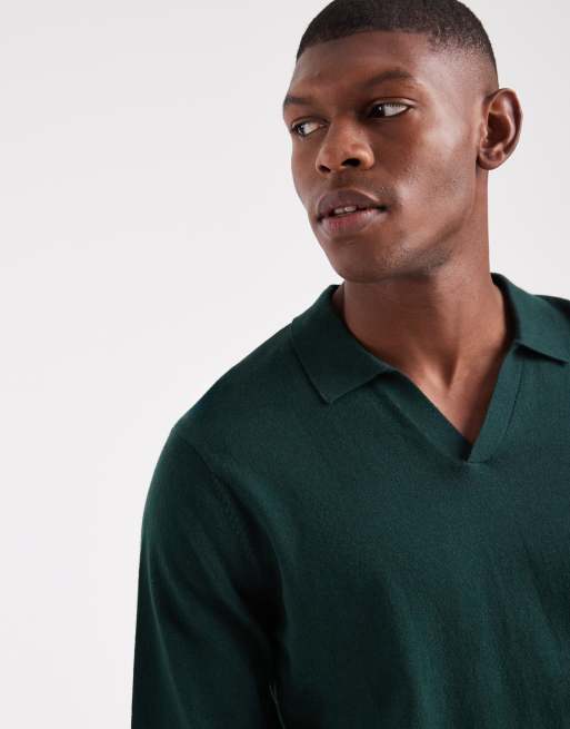 ASOS DESIGN essential knit long sleeve notch neck polo shirt in dark green