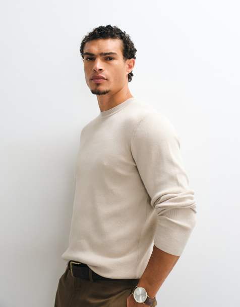 ASOS DESIGN Essential knitted lightweight crew neck jumper in stone - view 1