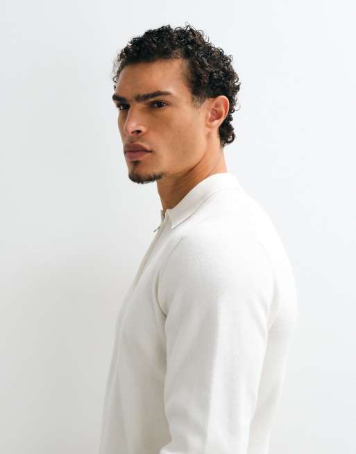 ASOS DESIGN Essential knitted lightweight zip polo in ecru, 3 of 5