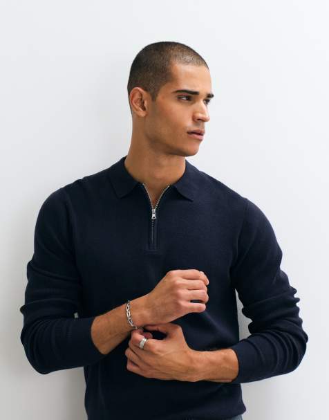 ASOS DESIGN Essential knitted lightweight zip polo in navy - view 1