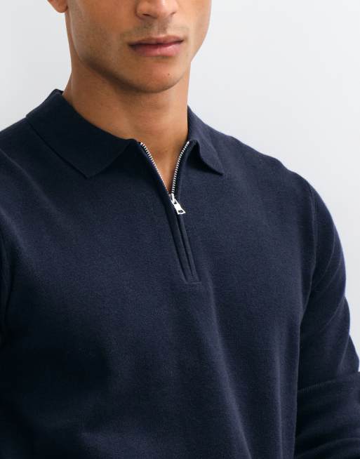 ASOS DESIGN Essential knitted lightweight zip polo in navy, 3 of 5