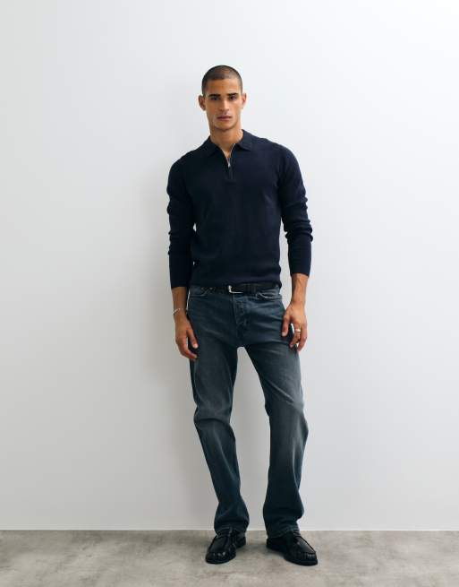 ASOS DESIGN Essential knitted lightweight zip polo in navy, 4 of 5