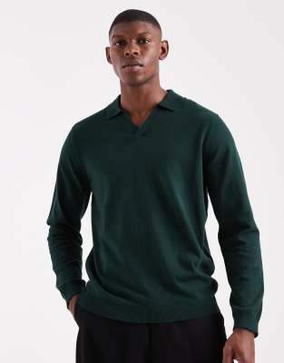Asos Design Essential Knitted Long Sleeve Notch Neck Polo In Green
