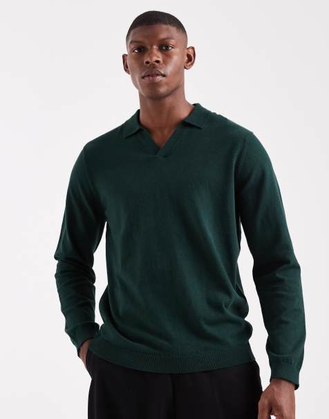 ASOS DESIGN essential knitted long sleeve notch neck polo in dark green