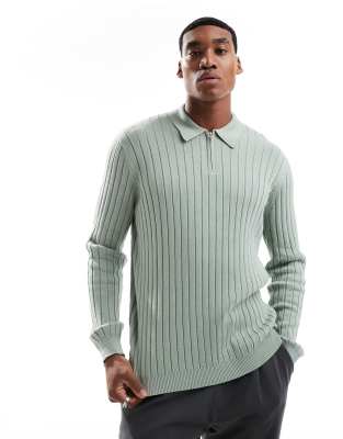 Asos Design Essential Knitted Rib Quarter Zip Polo Sweater In Light Green