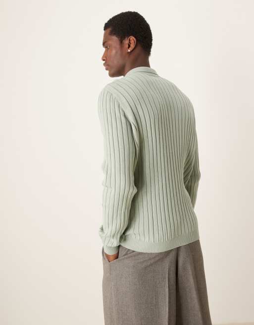 ASOS DESIGN essential knitted rib quarter zip polo jumper in light green