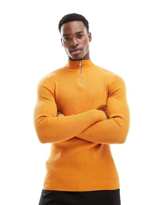 ASOS DESIGN – Essential – Körperbetonter Strickpullover in Orange mit kurzem Reißverschluss