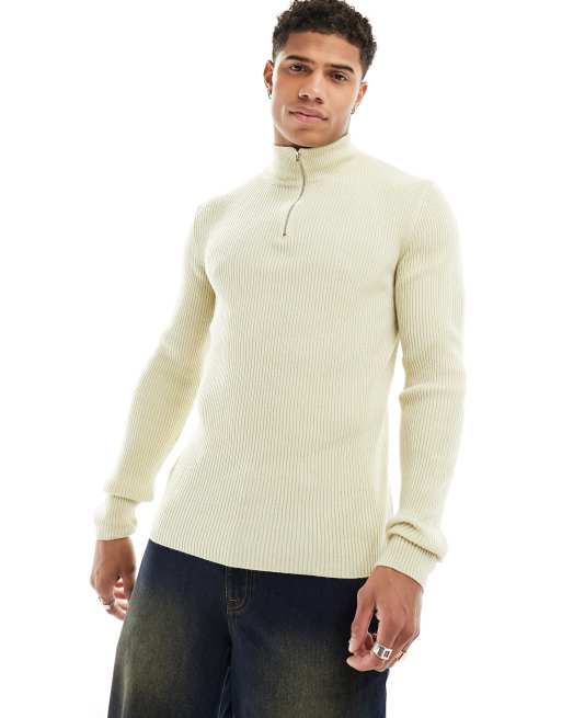 ASOS DESIGN Essential – Kremowy dzianinowy sweter o kroju podkreślającym sylwetkę z suwakiem pod szyją