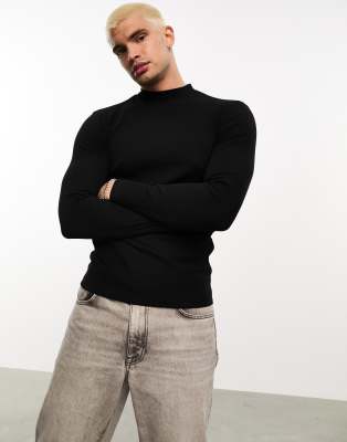 ASOS DESIGN – Essential – Langärmliges, geripptes Muskelshirt in Schwarz mit hohem Ausschnitt