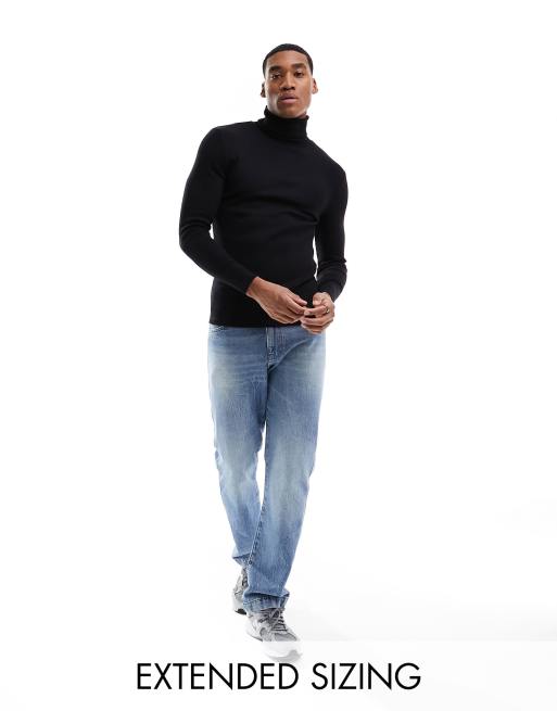 ASOS DESIGN – Essential – Langärmliges, geripptes Muskelshirt in Schwarz mit hohem Ausschnitt