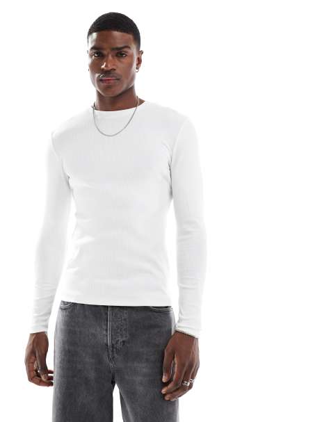 ASOS DESIGN – Essential – Langärmliges, geripptes Muskelshirt in Weiß - view 1
