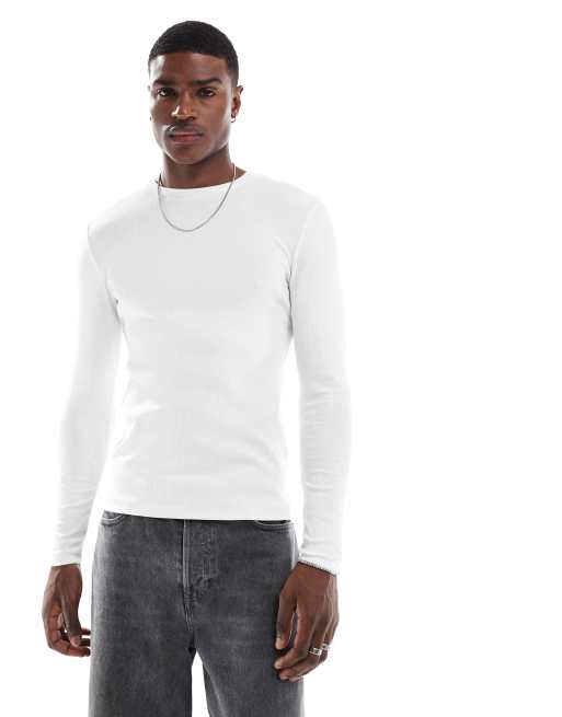 ASOS DESIGN – Essential – Langärmliges, geripptes Muskelshirt in Weiß