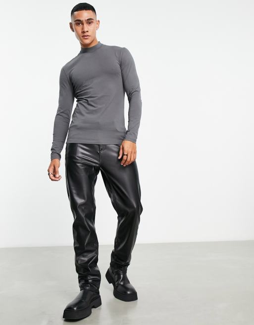 ASOS DESIGN – Essential – Langärmliges Muskelshirt in Anthrazit mit kastigem Schnitt und hohem Ausschnitt