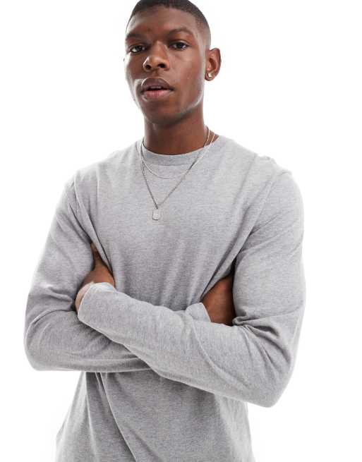 ASOS DESIGN – Essential – Langärmliges Shirt in meliertem Grau mit Rundhalsausschnitt