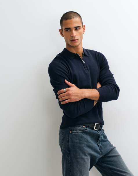 ASOS DESIGN Essential leichter Strick-Polo mit Reißverschluss in Marineblau - view 1