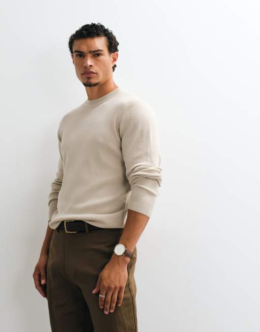 ASOS DESIGN Essential let strikket trøje med rund hals i stone, 3 af 5