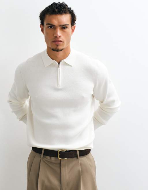 ASOS DESIGN Essential letstrikket zip-polo i ecru, 2 af 5