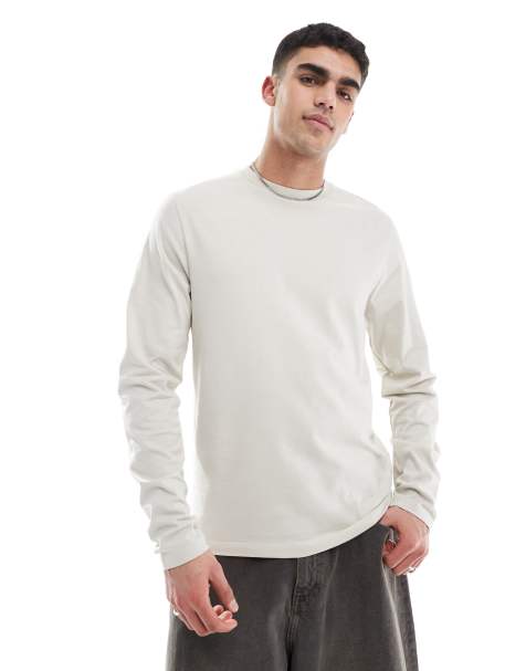 ASOS DESIGN essential long sleeve crew neck T-shirt in stone - view 1