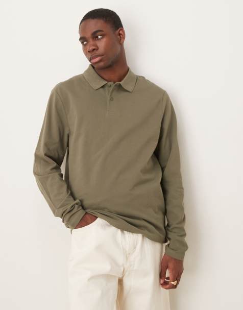 ASOS DESIGN essential long sleeve polo in khaki pique - view 1