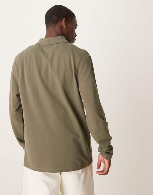 ASOS DESIGN essential long sleeve polo in khaki pique 