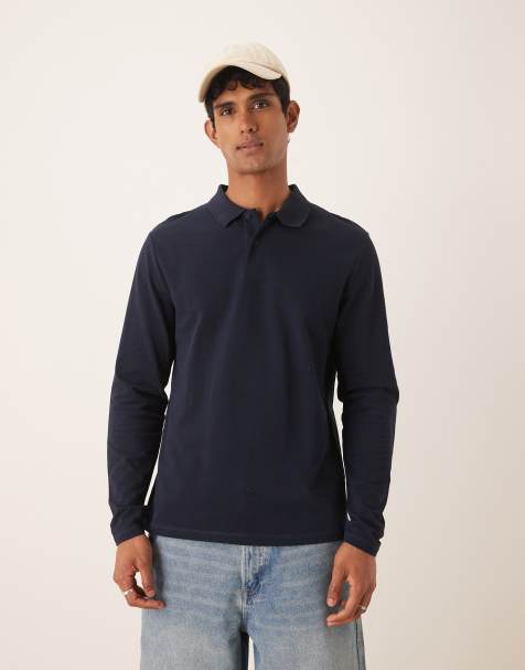 ASOS DESIGN essential long sleeve polo in navy pique - view 1