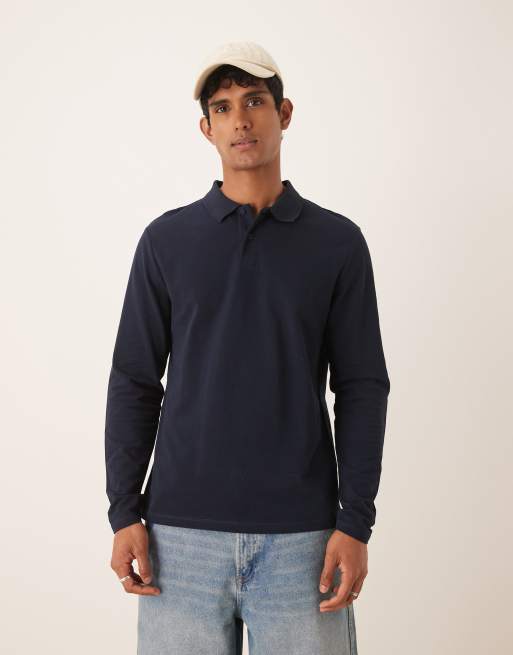 ASOS DESIGN essential long sleeve polo in navy pique