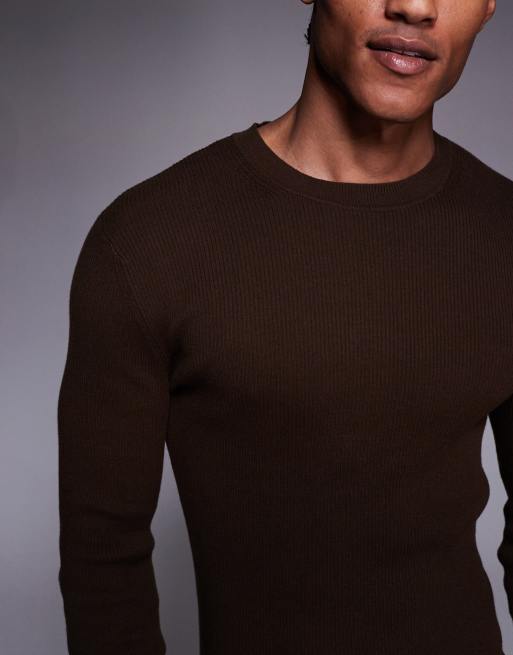 ASOS DESIGN - Essential - Maglia girocollo attillata marrone a costine, 5 di 5