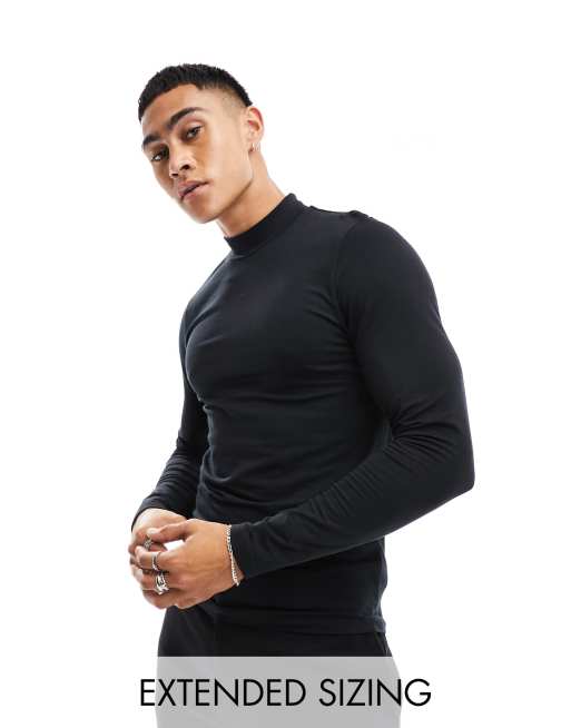 ASOS DESIGN - Essential - Maglietta a maniche lunghe attillata e accollata nera