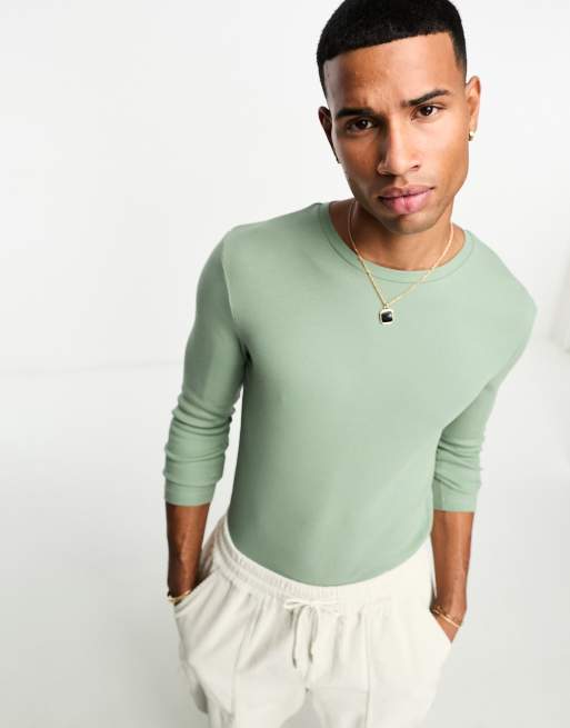 ASOS DESIGN - Essential - Maglietta attillata a maniche lunghe kaki a coste