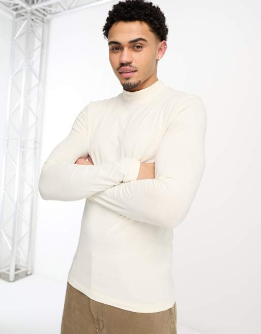 ASOS DESIGN - Essential - Maglietta attillata e accollata a maniche lunghe color crema