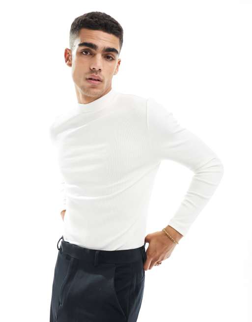 ASOS DESIGN - Essential - Maglietta attillata e accollata a maniche lunghe écru a coste